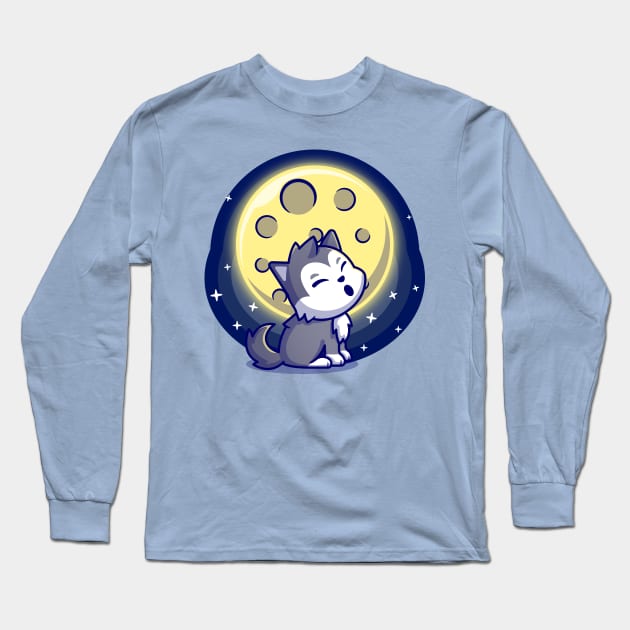 Cute Wolf Roar With Moon Cartoon Long Sleeve T-Shirt by Catalyst Labs